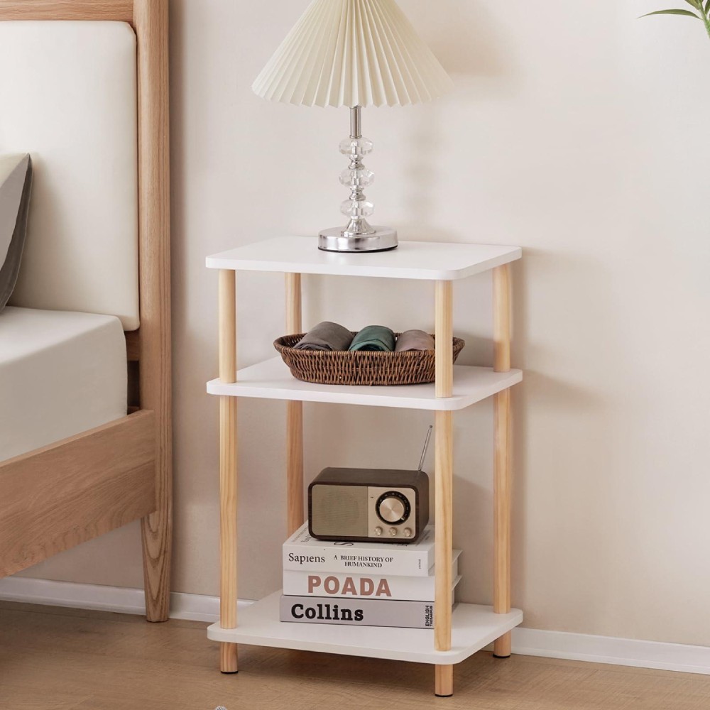 Apicizon 3 Tier Nightstand End Table With Storage Shelf Wooden Vinyl Record Farmhouse Bedside Table For Small Spaces Bedroom