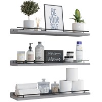 Wopitues Floating Shelves 24 Inch With Black Metal Guardrail Shelves For Wall Decor Set Of 3 Wall Shelves For Bedroom Bathroo