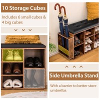 Tangkula Shoe Storage Bench With Umbrella Stand, 10-Cube Entryway Bench With Adjustable Shelf & Padded Cushion, Cubby Shoe Rack Organizer For Bedroom & Checkroom, Rustic Brown & Black