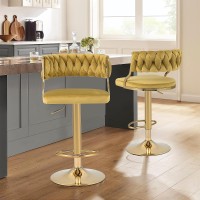 Costway Velvet Adjustable Bar Stools Set Of 2, Max Load 400 Lbs, Modern Upholstered Swivel Barstools With Woven Back, Footrests, Adjustable Height Bar Chairs For Kitchen Island Cafe Pub, Yellow+Gold