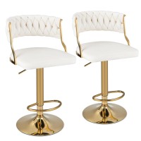 Costway Velvet Adjustable Bar Stools Set Of 2, Max Load 400 Lbs, Modern Upholstered Swivel Barstools With Woven Back, Footrests, Adjustable Height Bar Chairs For Kitchen Island Cafe Pub, Beige+Gold