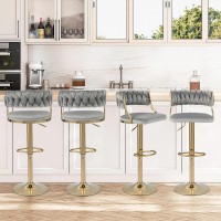 Costway Velvet Adjustable Bar Stools Set Of 2, Max Load 400 Lbs, Modern Upholstered Swivel Barstools With Woven Back, Footrests, Adjustable Height Bar Chairs For Kitchen Island Cafe Pub, Grey+Gold