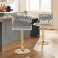 Costway Velvet Adjustable Bar Stools Set Of 2, Max Load 400 Lbs, Modern Upholstered Swivel Barstools With Woven Back, Footrests, Adjustable Height Bar Chairs For Kitchen Island Cafe Pub, Grey+Gold