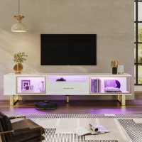 Bestier Tv Stand With Led Light For Tvs Up To 80 Inch, Modern Entertainment Center With Open Storage And Half-Glass Design Drawer, High Gloss Media Console For Living Room, White And Gold