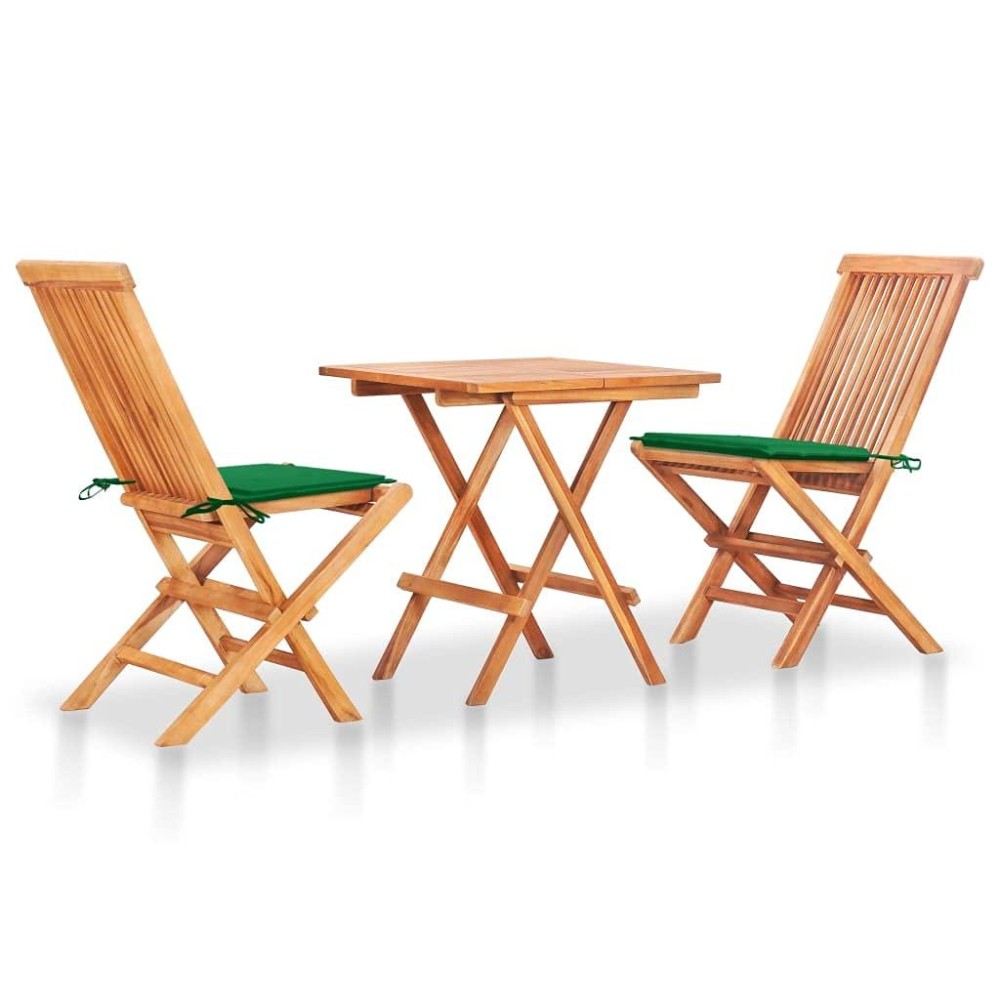 Vidaxl Farmhouse Style 3-Piece Bistro Set With Green Cushions - Solid Teak Wood Furniture - Durable, Folding Table And Chairs - Suitable For Indoor/Outdoor Use