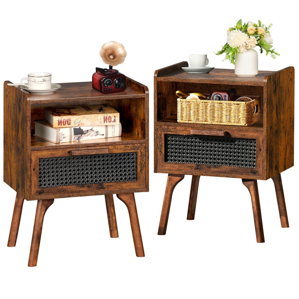 Lerliuo Rattan Nightstands Set Of 2 Boho Side Table With Drawer Open Shelf Cane Accent Bedside End Table With Solid Wood Legs