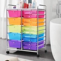 Silkydry 15 Drawers Rolling Storage Cart, Craft Cart Organizer With Lockable Wheels For Tools, Arts, Scrapbook, Papers, Multipurpose Utility Cart For Home Office School (Rainbow)