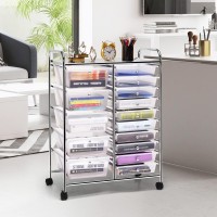Silkydry 15 Drawers Rolling Storage Cart, Craft Cart Organizer With Lockable Wheels For Tools, Arts, Scrapbook, Papers, Multipurpose Utility Cart For Home Office School (Clear)