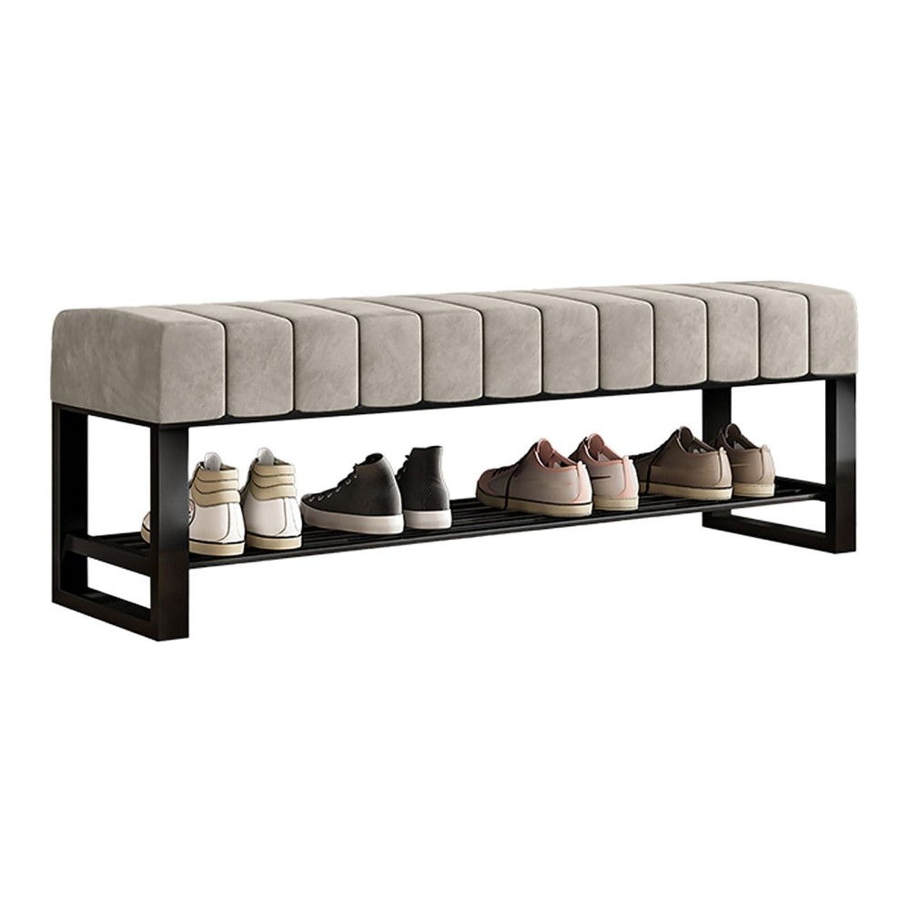 Kampco Upholstered Entryway Shoe Bench With Storage, Boucle Bench For Bedroom End Of Bed, 2 Tier Black Metal Shoe Rack For Closet Hallway Doorway Living Room Mudroom