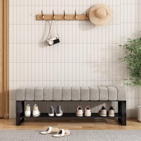 Kampco Upholstered Entryway Shoe Bench With Storage, Boucle Bench For Bedroom End Of Bed, 2 Tier Black Metal Shoe Rack For Closet Hallway Doorway Living Room Mudroom