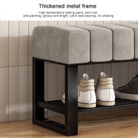 Kampco Upholstered Entryway Shoe Bench With Storage, Boucle Bench For Bedroom End Of Bed, 2 Tier Black Metal Shoe Rack For Closet Hallway Doorway Living Room Mudroom