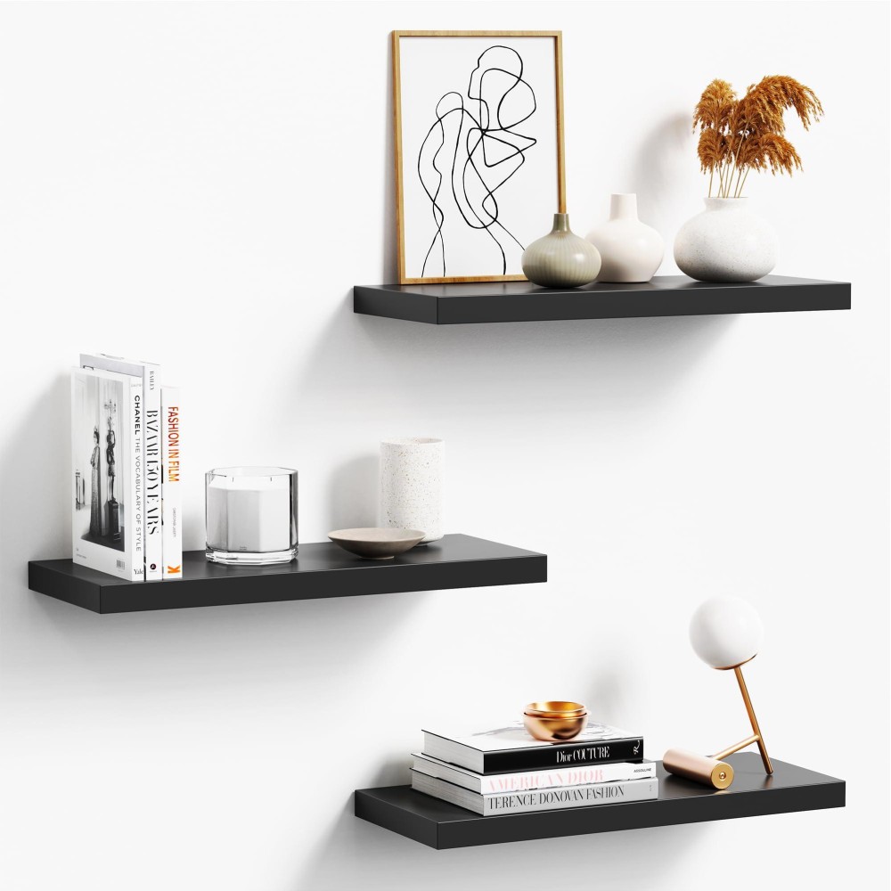 Oridom Floating Shelves For Wall Black Wood Wall Shelf Set Of 3 16 Wall Mounted Floating Shelf For Kitchen Living Room Bed