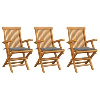 Vidaxl 3-Set Outdoor Patio Chairs With Gray Cushions In Solid Teak Wood - Durable And Weather-Resistant Outdoor Furniture For Garden, Terrace Or Patio