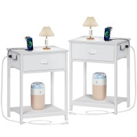 Furologee White Nightstands Set Of 2 With Charging Station, Small Bed Side Table With Fabric Drawer For Small Spaces, 2 Tiers Storage Shelves End Table For Living Room, Bedroom, Dorm