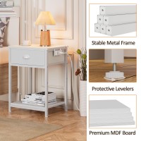 Furologee White Nightstands Set Of 2 With Charging Station, Small Bed Side Table With Fabric Drawer For Small Spaces, 2 Tiers Storage Shelves End Table For Living Room, Bedroom, Dorm