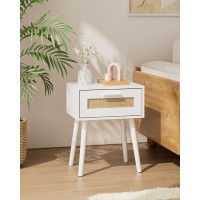 Aobafuir Bedroom Nightstands Wooden Night Stands With Rattan Weaving Drawer Home Bedside End Table For Bedroom Storage White