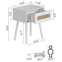 Aobafuir Bedroom Nightstands Wooden Night Stands With Rattan Weaving Drawer Home Bedside End Table For Bedroom Storage White