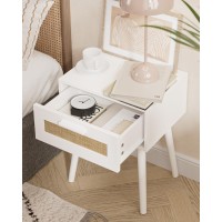 Aobafuir Bedroom Nightstands Wooden Night Stands With Rattan Weaving Drawer Home Bedside End Table For Bedroom Storage White