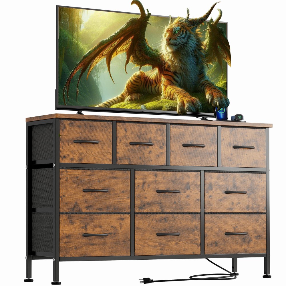 Yafiti Dresser Tv Stand With Power Outlet 43 Long Dresser For Bedroom With 10 Fabric Drawers Chest Of Drawers For Living Roo