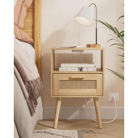 Aobafuir Nightstands With Charging Station End Table Rattan Nightstand Side Table With Hand Made Rattan Decorated Drawers Wo