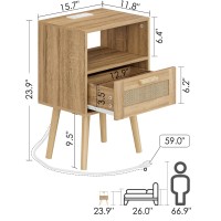 Aobafuir Nightstands With Charging Station End Table Rattan Nightstand Side Table With Hand Made Rattan Decorated Drawers Wo