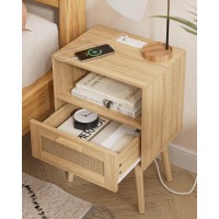 Aobafuir Nightstands With Charging Station End Table Rattan Nightstand Side Table With Hand Made Rattan Decorated Drawers Wo