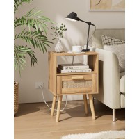 Aobafuir Nightstands With Charging Station End Table Rattan Nightstand Side Table With Hand Made Rattan Decorated Drawers Wo