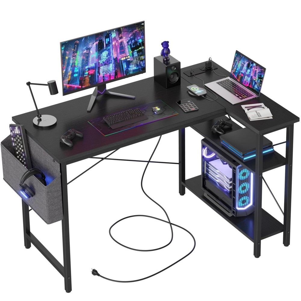 Tiqlab L Shaped Computer Desk With Power Outlets 47 Inch Small Corner Desk With Reversible Shelves Gaming Desk Computer Table