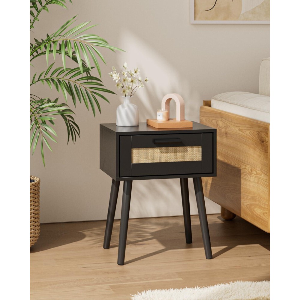 Aobafuir Bedroom Nightstands Wooden Night Stands With Rattan Weaving Drawer Home Bedside End Table For Bedroom Storage Black