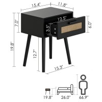 Aobafuir Bedroom Nightstands Wooden Night Stands With Rattan Weaving Drawer Home Bedside End Table For Bedroom Storage Black