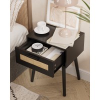 Aobafuir Bedroom Nightstands Wooden Night Stands With Rattan Weaving Drawer Home Bedside End Table For Bedroom Storage Black