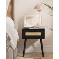 Aobafuir Bedroom Nightstands Wooden Night Stands With Rattan Weaving Drawer Home Bedside End Table For Bedroom Storage Black