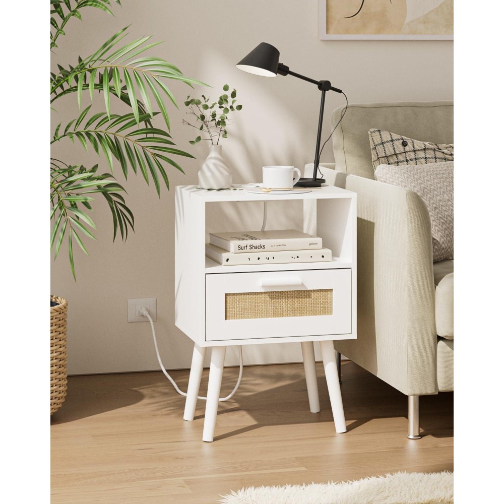 Aobafuir Nightstands With Charging Station End Table Rattan Nightstand Side Table With Hand Made Rattan Decorated Drawers Wo