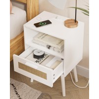 Aobafuir Nightstands With Charging Station End Table Rattan Nightstand Side Table With Hand Made Rattan Decorated Drawers Wo