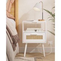 Aobafuir Nightstands With Charging Station End Table Rattan Nightstand Side Table With Hand Made Rattan Decorated Drawers Wo