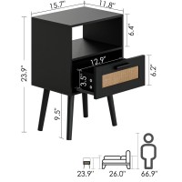 Aobafuir Nightstands End Table Rattan Nightstand Side Table With Hand Made Rattan Decorated Drawers Wood Accent Table With S