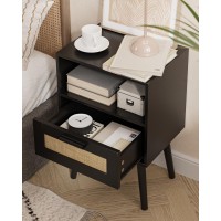 Aobafuir Nightstands End Table Rattan Nightstand Side Table With Hand Made Rattan Decorated Drawers Wood Accent Table With S