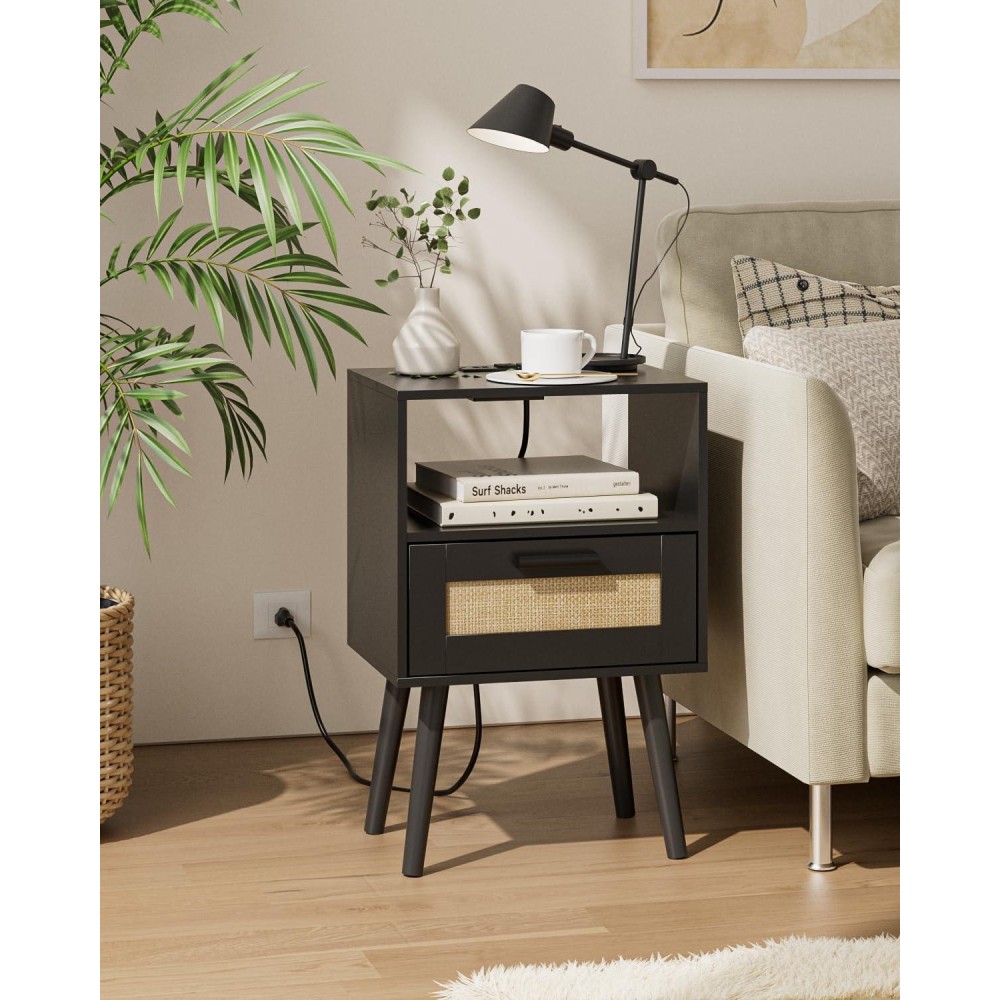 Aobafuir Nightstands With Charging Station End Table Rattan Nightstand Side Table With Hand Made Rattan Decorated Drawers Wo