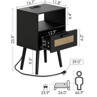 Aobafuir Nightstands With Charging Station End Table Rattan Nightstand Side Table With Hand Made Rattan Decorated Drawers Wo