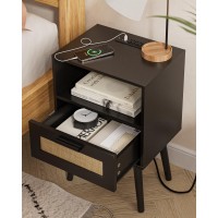 Aobafuir Nightstands With Charging Station End Table Rattan Nightstand Side Table With Hand Made Rattan Decorated Drawers Wo