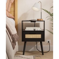 Aobafuir Nightstands With Charging Station End Table Rattan Nightstand Side Table With Hand Made Rattan Decorated Drawers Wo