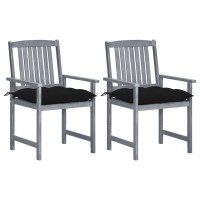 Vidaxl Farmhouse Style Patio Chairs With Black Cushions, 2 Pcs - Solid Acacia Wood Construction, Sturdy And Stable, Ultimate Comfort - Outdoor Seating - Gray