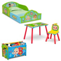 Delta Children Cocomelon 4Piece Toddler Roominabox Set Includes Sleep And Play Toddler Bed Table 1 Chair And Toy Box