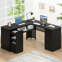 Hsh Black L Shaped Desk With File Drawers Shelves Reversible Corner Metal Wood Computer Desk With Storage Cabinet Modern Large