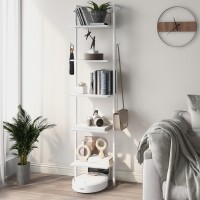 Tohomeor Industrial Bookshelf Wall Mounted 5-Tiers Ladder Shelf Wooden And Metal Bookshelf Open Display Storage Rack For Living Room Bedroom Home Office (Small, White)