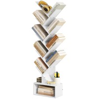 Tajsoon 9 Tier Tree Bookshelf with Drawer Bookcase, Floor Standing Book Storage Rack, Tall Bookshelf for CDs/Books/Movies, Bookshelf Organizer for Bedroom, Living Room, Home Office, White