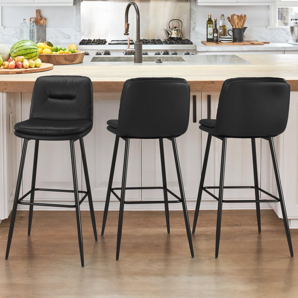 Cozyman Bar Stools Set Of 3 Doublelayer Upholstered Bar Height Stools For Kitchen Island Pub Faux Leather Barstools With Back