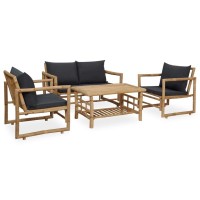 Vidaxl 4-Piece Bamboo Patio Lounge Set With Cushions - Outdoor Garden Seat, Backrest Support, Slatted Design, Easy-To-Clean, Dark Gray Color, Assembly Required, Rustic Style