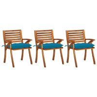 Vidaxl Solid Acacia Wood Patio Dining Chairs With Blue Cushions - Set Of 3 - Durable Outdoor Furniture With Easy Assembly