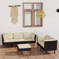 Vidaxl Patio Lounge Set With Cushions, 6 Pieces, Poly Rattan Construction, Farmhouse & Modern Style With Eucalyptus Wood Legs, Black And Cream
